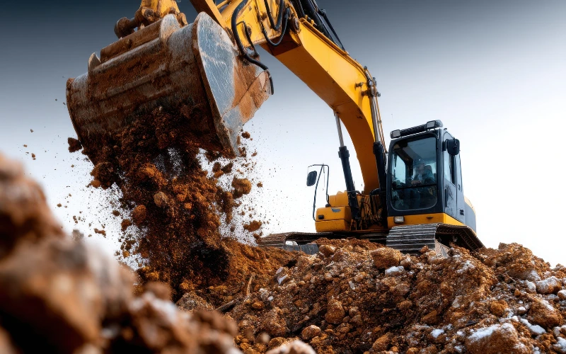Yellow excavator digging dirt and rubble on construction site.