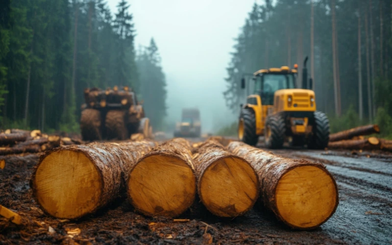 Image of logs with a tractor and logging equipment in the background, in the centre of a forest.