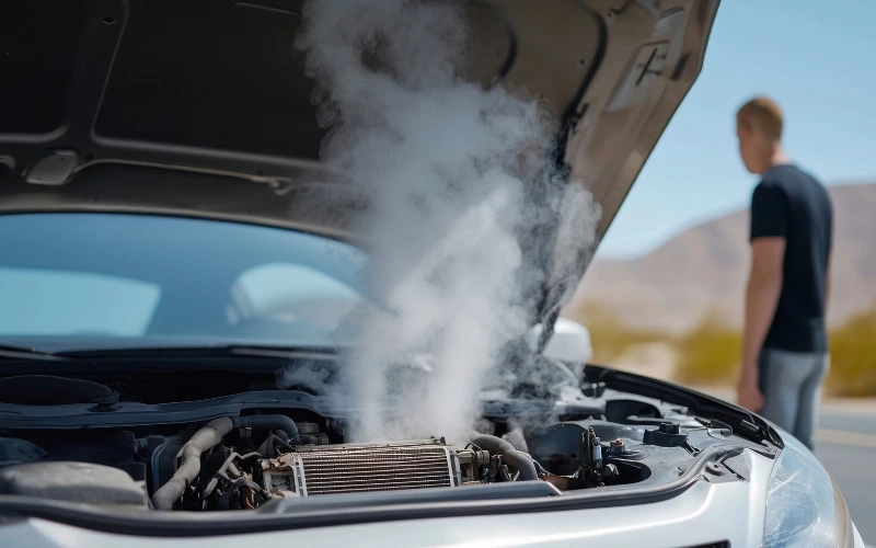 Person stood next to car with bonet up and smoke coming from the engine.