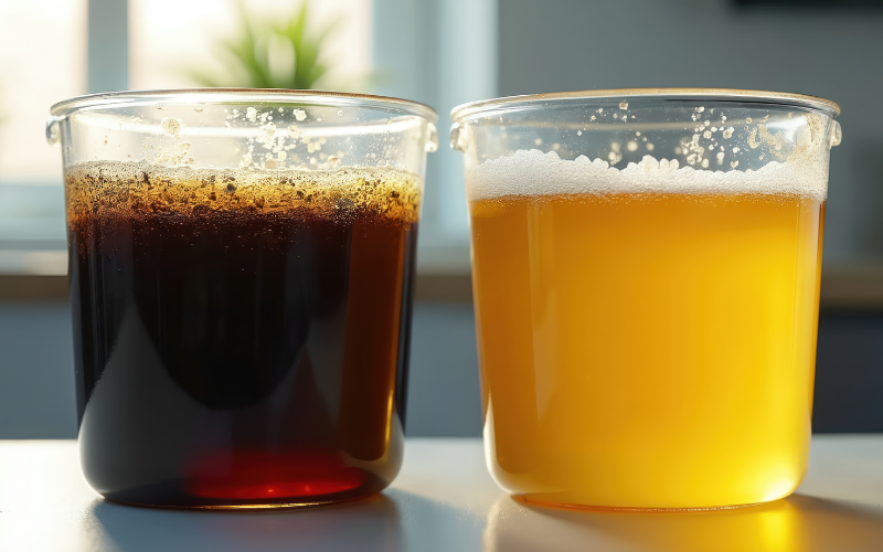 Container on left contains dirty, degraded car oil, next to container with clean, golden oil on the right.