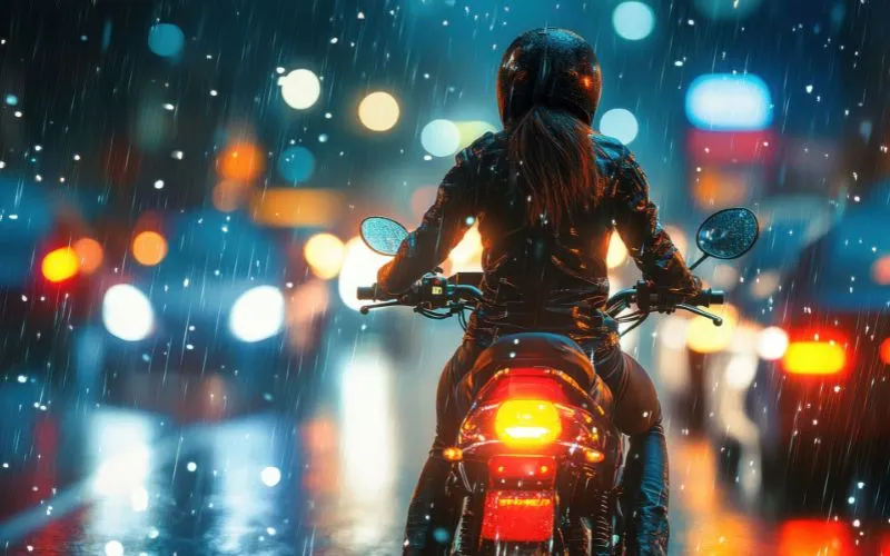 Motorcyclist driving in the city at night