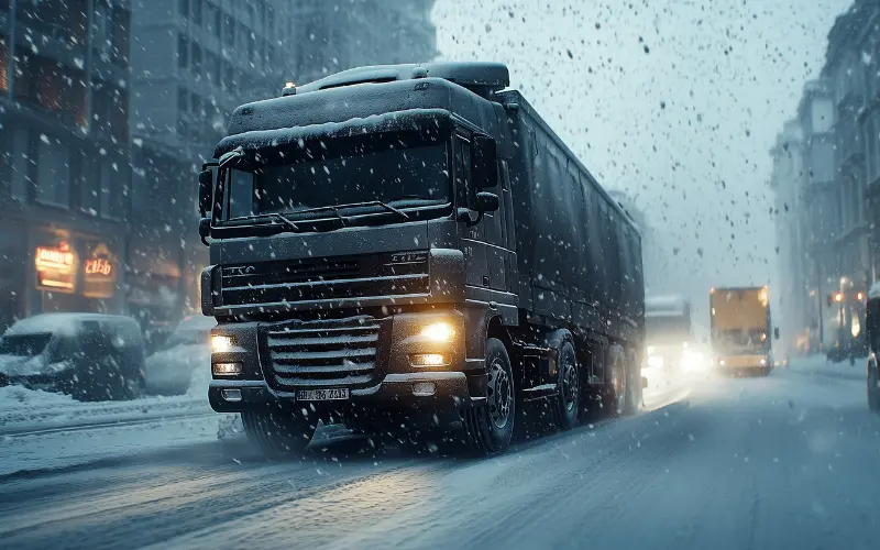 Heavy goods vehicle driving in a city in the snow