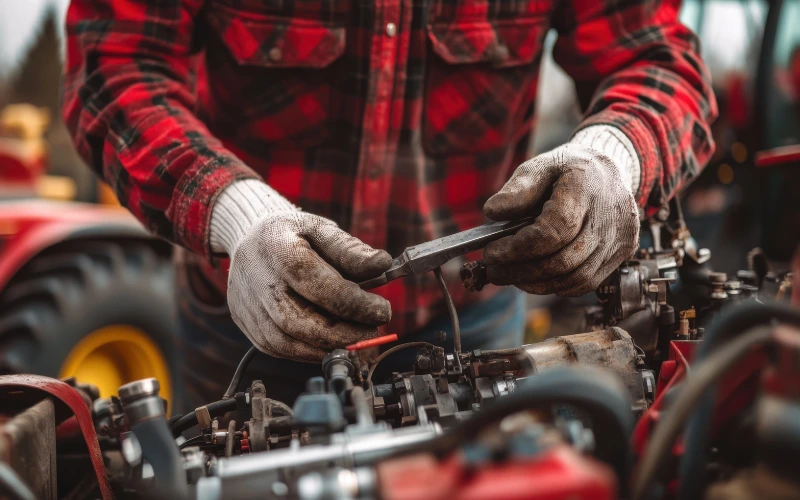 Person in red shirt working on tractor engine.