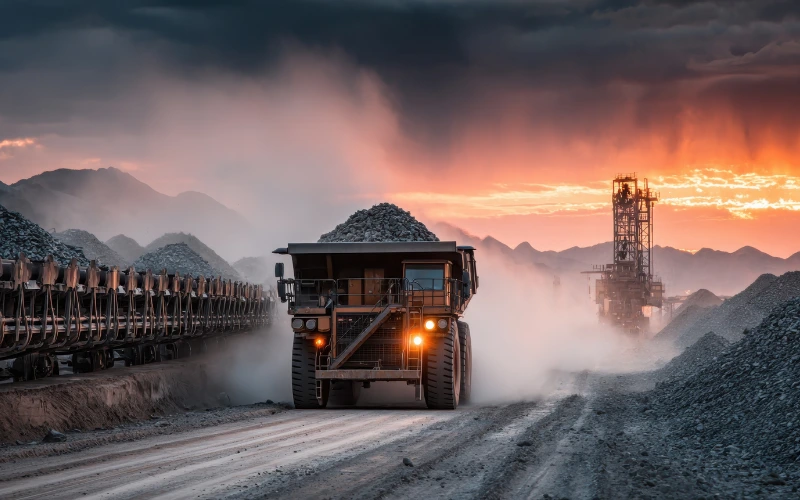 Mining truck driving at sunset with dust and mountains in the background.