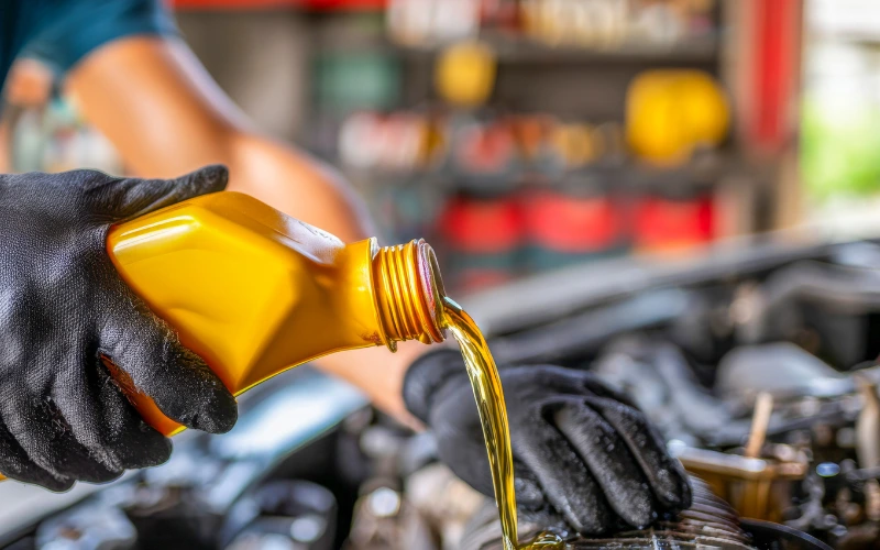 Image of a car engine with oil being poured in.