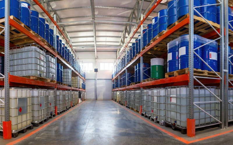 Lubricants stored in large containers on different shelves of a warehouse.
