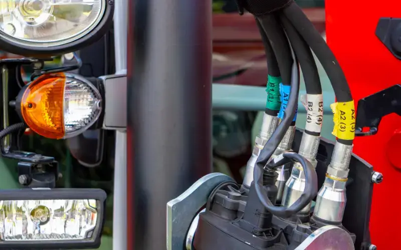 Close up of hydraulic hoses on an agricultural tractor.