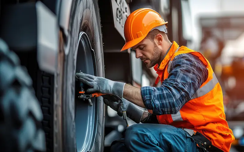 Mechanic checking tyre pressure on a large vehicle