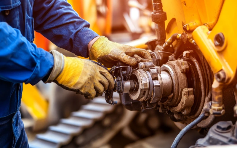 Mechanic repairing the hydraulic system on an excavator.