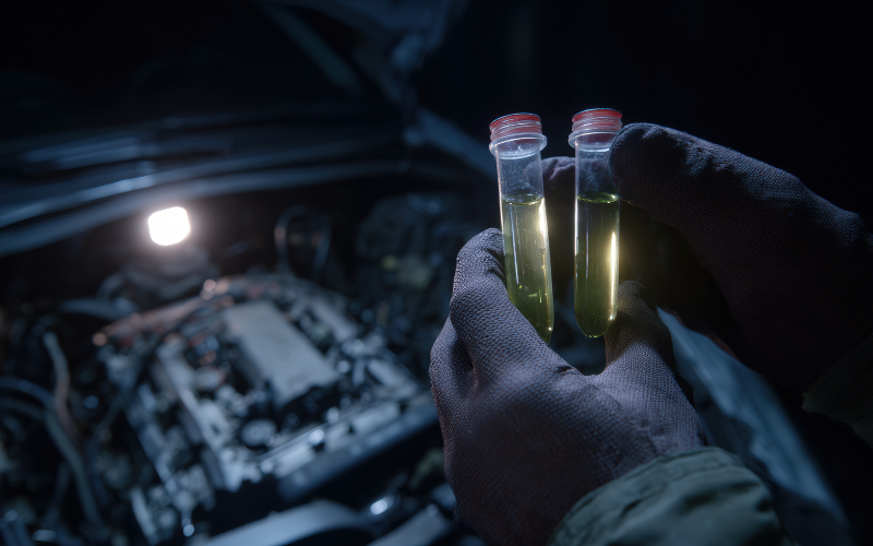 Person holding two test tubes of fluid for lab testing.