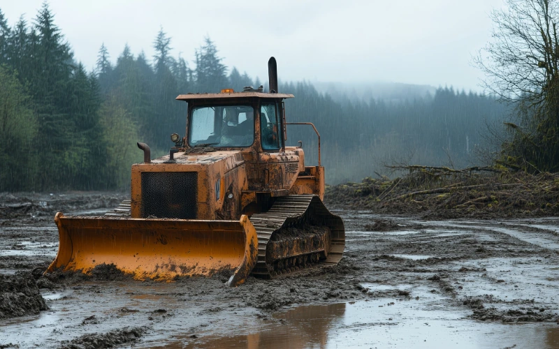 Heavy dozer in muddy puddle on construction site.