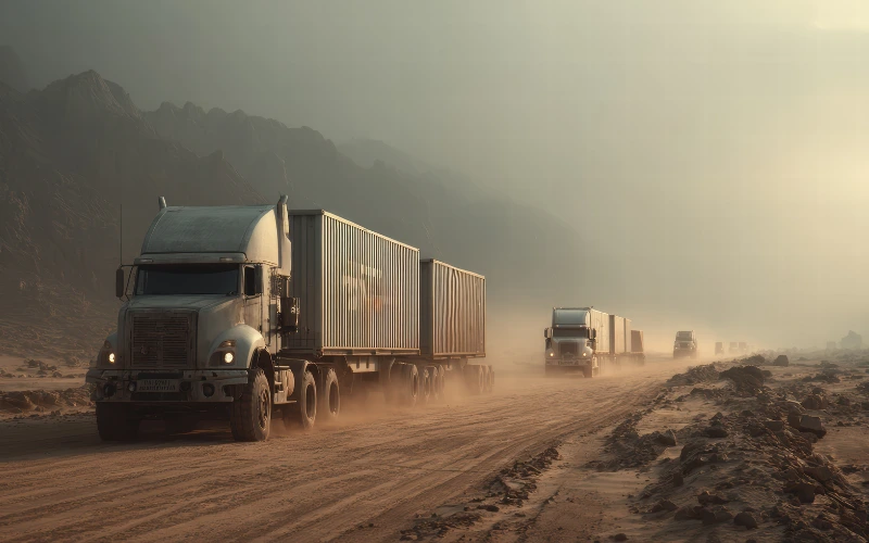 Line of heavy goods trucks driving along dusty road next to mountains.