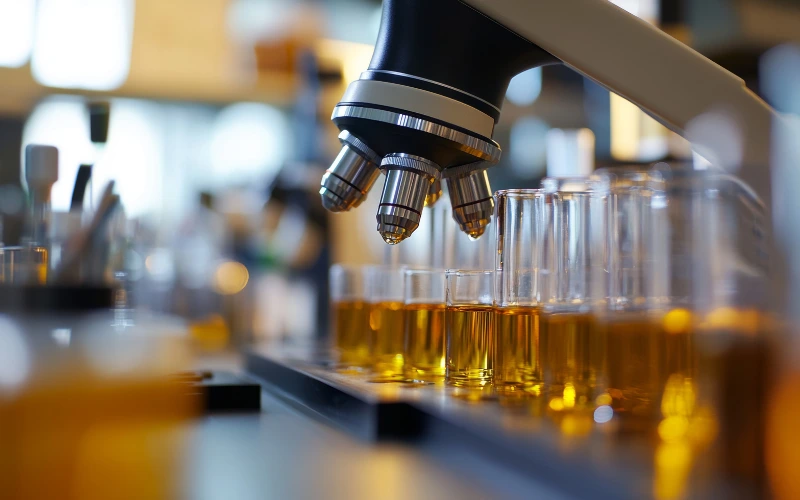 Oil samples in a lab for testing.