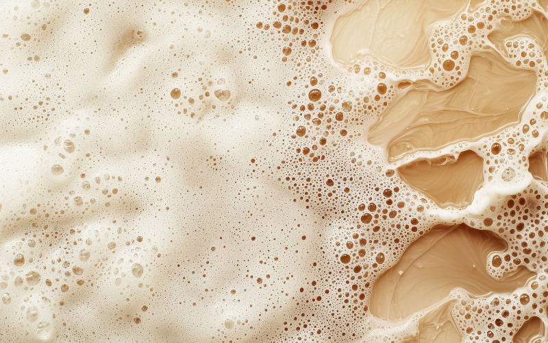 Close up of amber hydraulic fluid with foamy layer on top.