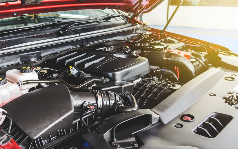 Close up of car engine under the bonnet.