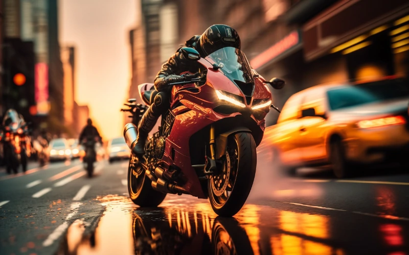 AI image of motorcyclist driving through a city on a red bike