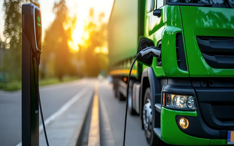 Green truck connected to EV charger on the roadside.