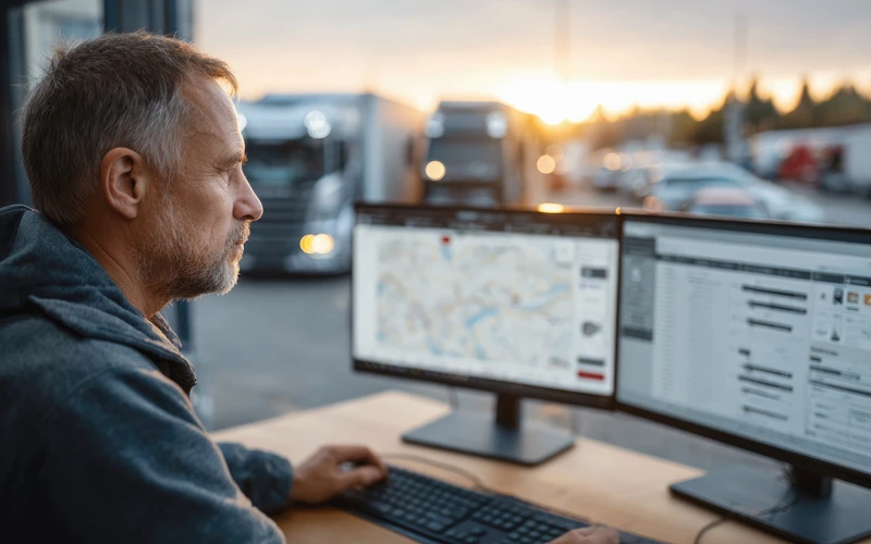 Logistics manager sat at a computer managing fleet operations.
