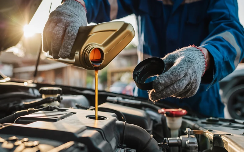 Mechanic pouring oil into engine.