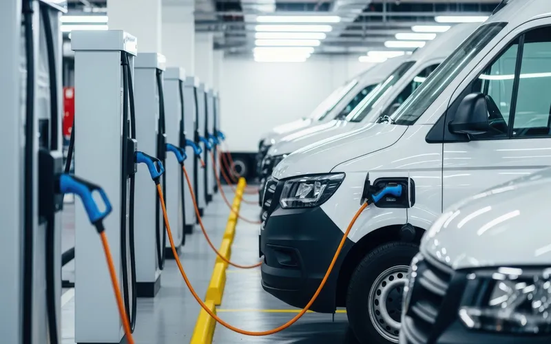 Fleet of vans lined up and on charge at EV charging stations.