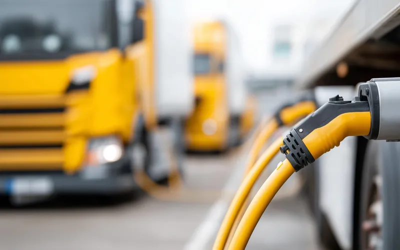 Yellow trucks lined up and charging at EV charging stations.