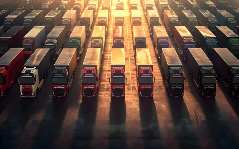 Variety of trucks lined up in a yard at sunset.