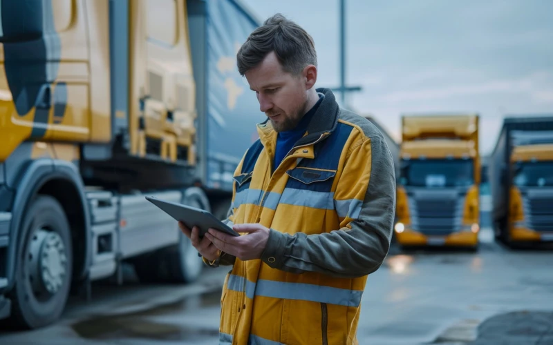Logistics manager stood in truck yard looking at a tablet to manage logistics.