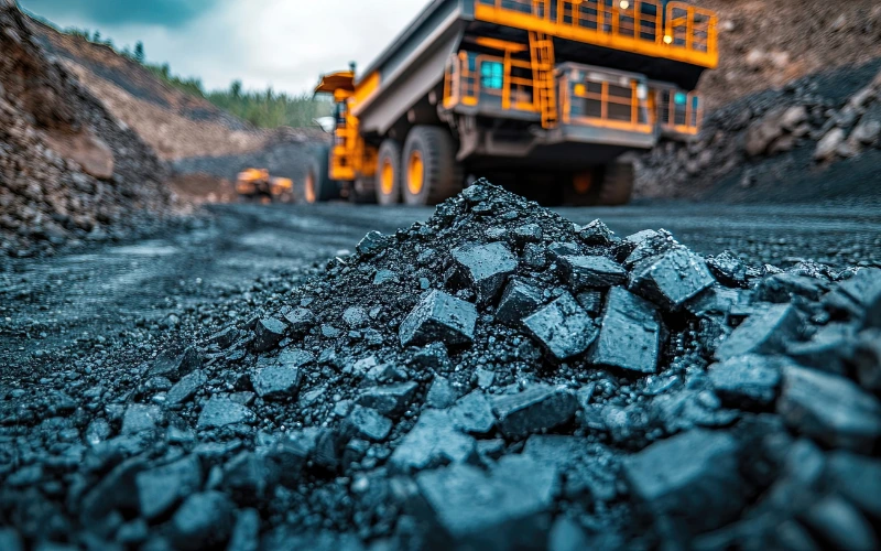 Image of haul trucks in the distance at a graphite mine.