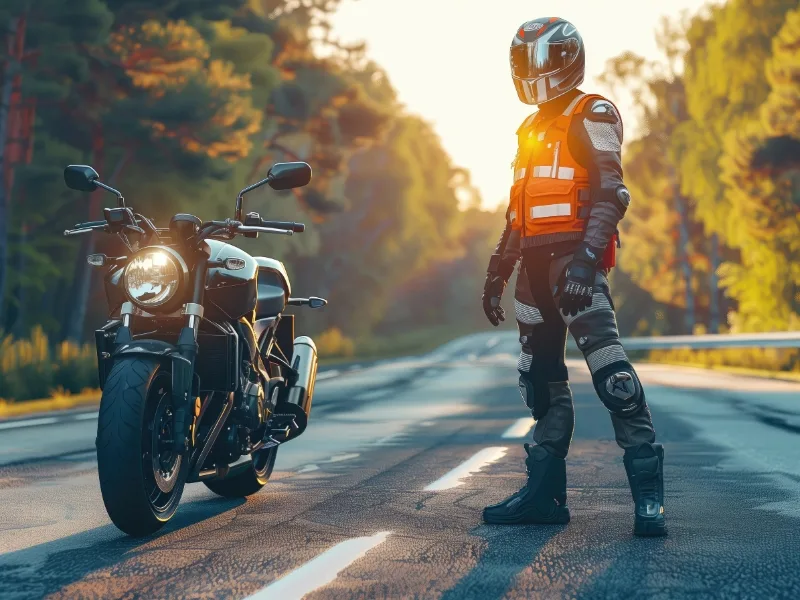 Motorbike and rider standing on a road 