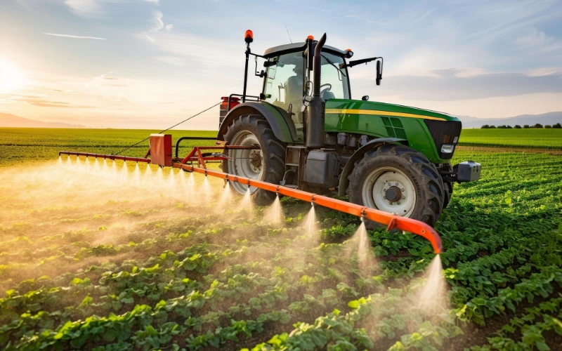 green tractor spraying crops in a large field