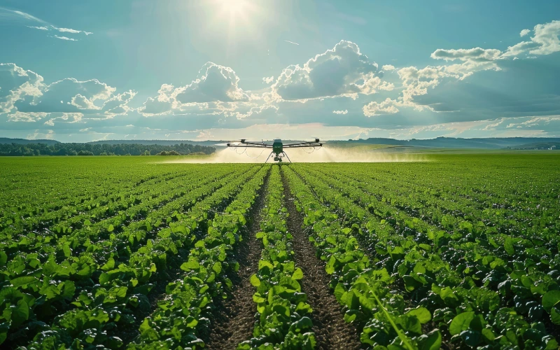 aerial view of tractor spraying pesticides on field of crops