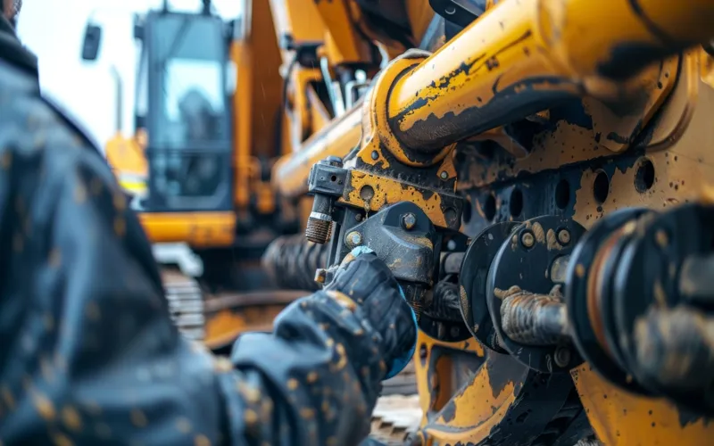 Machine operator lubricating moving parts of a mini excavator.
