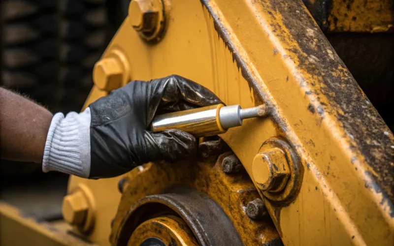  Technician applying grease to a loader's moving joint.