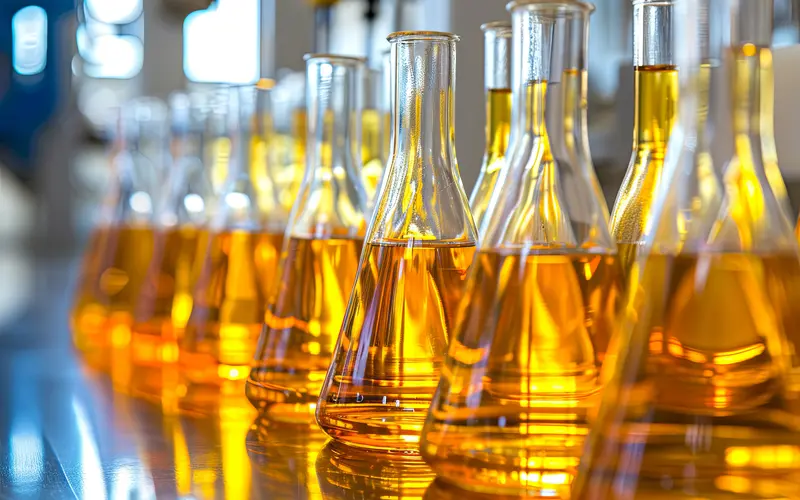 Multiple oils in test tubes in a lab.