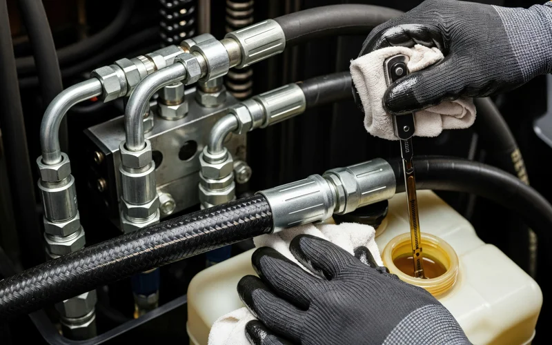 Technician checking hydraulic fluid levels.