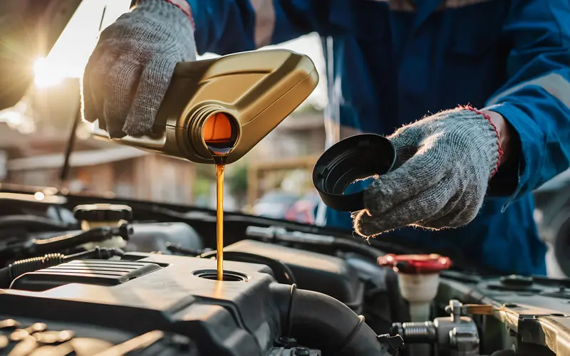 Mechanic pouring fresh oil into the engine of a car.