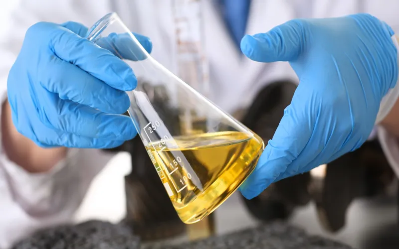Scientist's hands in blue protective gloves holding a glass test tube containing golden fluid.