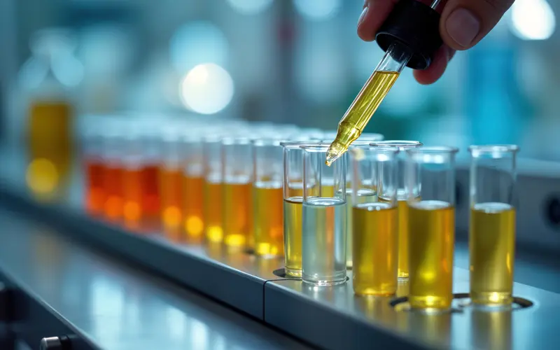 Different coloured fluids in test tubes in a lab.