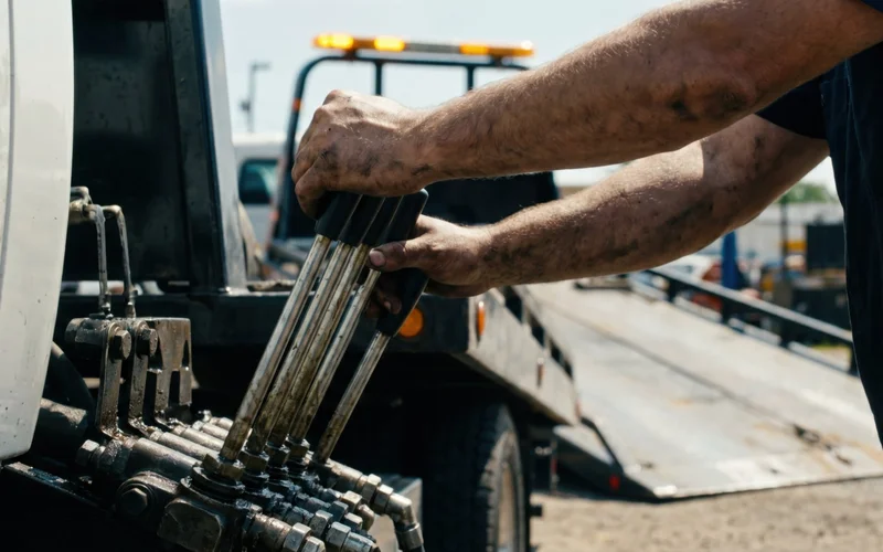 Person operating hydraulic system on truck.
