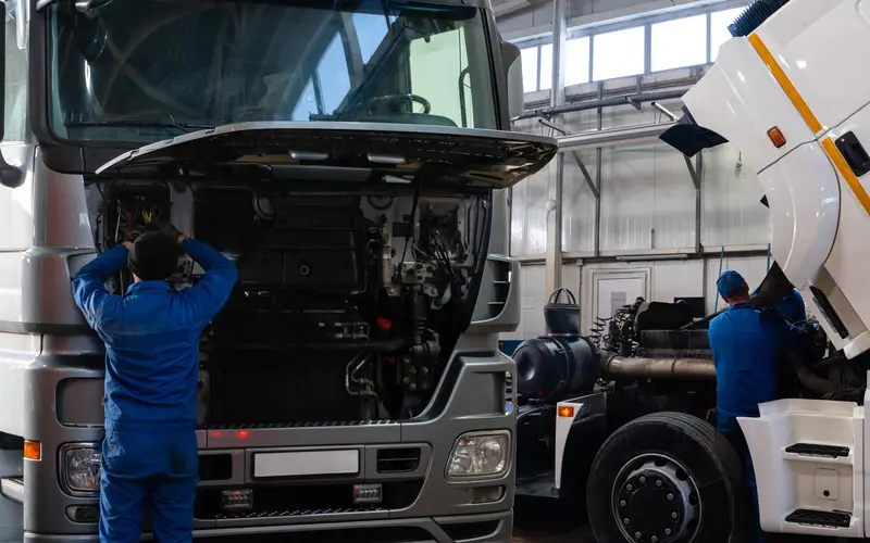 Commercial trucks getting repaired in a garage.