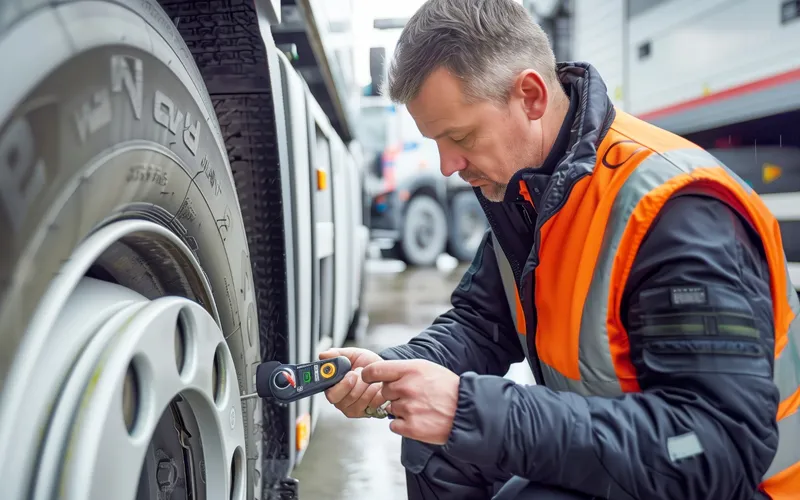 Technician checking tyre pressure with digital pressure gauge.