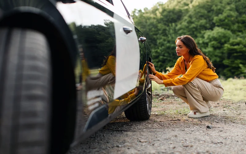 Woman checking car tyres at the side of the road.