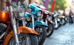 Thumbnail image of motorbikes lined up on road