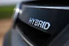 Black car with silver Hybrid icon