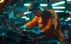 A mechanic examining an engine