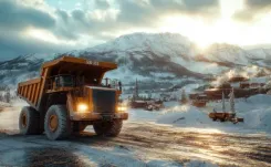 Mining truck in the mountains at winter