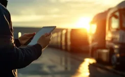 Fleet manager holding tablet in car park