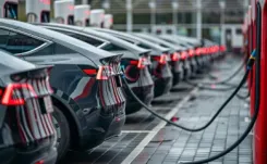 Row of black cars charging 