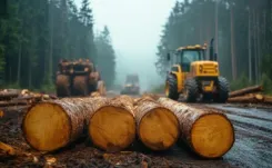 Image of logs with a tractor and logging equipment in the background, in the centre of a forest.