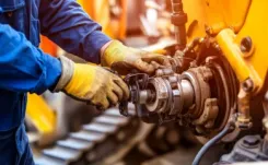 Mechanic repairing the hydraulic system on an excavator.